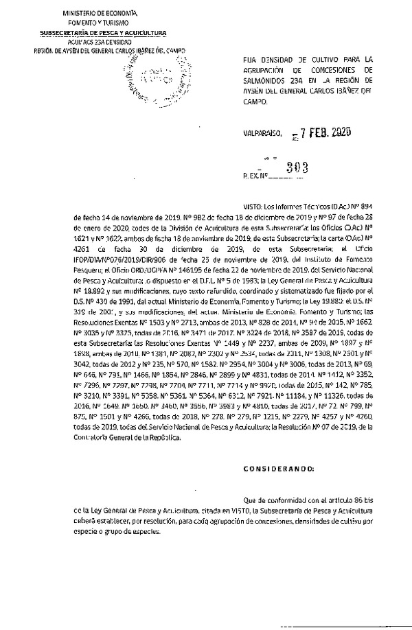 Res. Ex N° 303-2020,Fija densidad de Cultivo para la Agrupación de concesiones de Salmónidos 23 A, en la Región de Aysén del General Carlos Ibáñez del Campo. (Con Informe Técnico) (Publicado en Página Web 11-02-2020)(F.D.O. 25-02-2020).