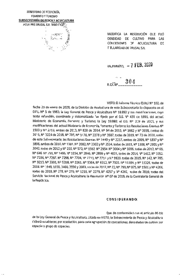 Res. Ex N° 304-2020, Modifica la Resolución que fijó densidad de cultivo para las concesiones de Acuicultura de Titularidad de Trusal S.A. (Con Informe Técnico) (Publicado en Página Web 11-02-2020).