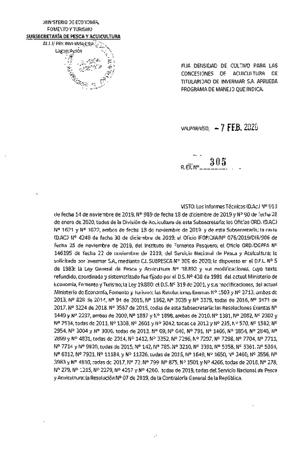 Res. Ex N° 305-2020,Fija densidad de Cultivo para las concesiones de Acuicultura de Titularidad de Invermar S.A. Aprueba programa de manejo que indica. (Con Informe Técnico) (Publicado en Página Web 11-02-2020).