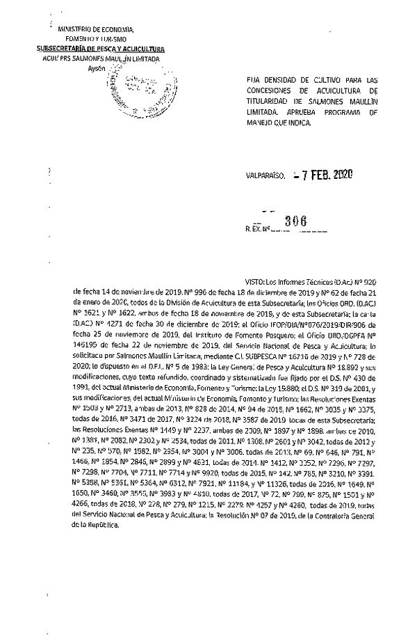 Res. Ex N° 306-2020,Fija densidad de Cultivo para las concesiones de Acuicultura de Titularidad de Salmones Maullín Limitada. Aprueba programa de manejo que indica. (Con Informe Técnico) (Publicado en Página Web 11-02-2020).