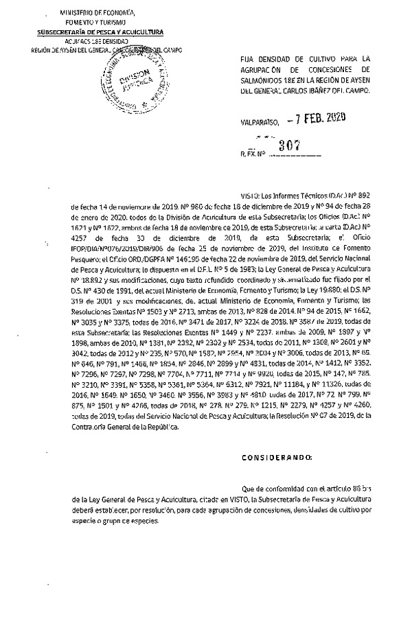 Res. Ex N° 307-2020, Fija densidad de Cultivo para la Agrupación de concesiones de Salmónidos 18E, en la Región de Aysén del General Carlos Ibáñez del Campo. (Con Informe Técnico) (Publicado en Página Web 11-02-2020)(F.D.O. 25-02-2020).