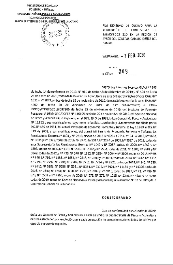 Res. Ex. N° 308-2020, Fija densidad de Cultivo para la Agrupación de concesiones de Salmónidos 21D, en la Región de Aysén del General Carlos Ibáñez del Campo. (Con Informe Técnico) (Publicado en Página Web 11-02-2020)(F.D.O. 25-02-2020).