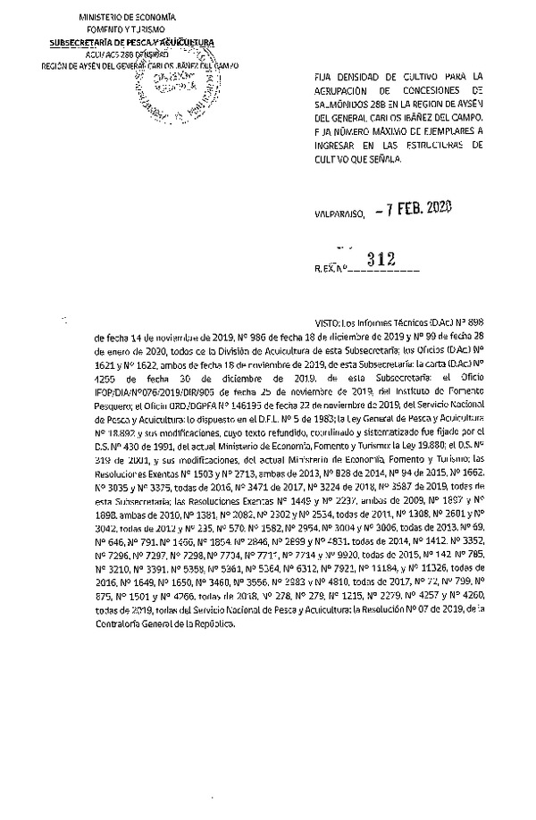 Res. Ex. N° 312-2020, Fija densidad de Cultivo para la Agrupación de concesiones de Salmónidos 28 B, en la Región de Aysén del General Carlos Ibáñez del Campo. Fija Número máximo de ejemplares a ingresar en las estructuras de cultivo que señala. (Con Informe Técnico) (Publicado en Página Web 11-02-2020) (F.D.O. 25-02-2020).