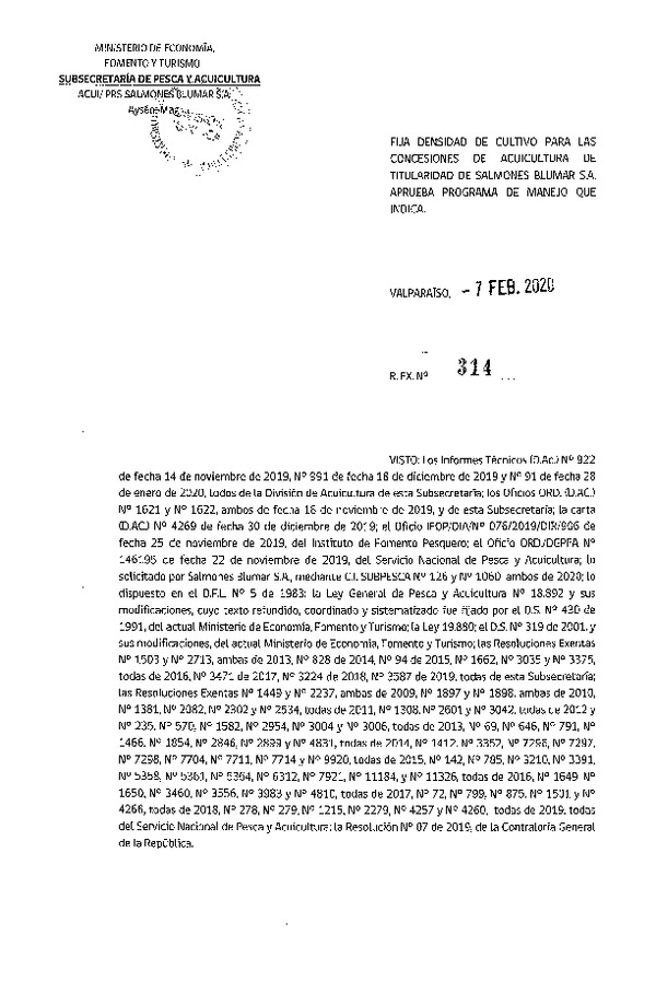 Res. Ex. 314-2020, Fija densidad de Cultivo para las concesiones de Acuicultura de Titularidad de Salmones Blumar S.A. Aprueba programa de manejo que indica. (Con Informe Técnico) (Publicado en Página Web 11-02-2020).