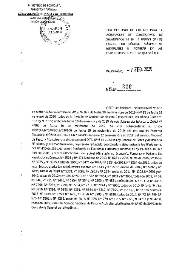 Res. Ex. N° 316-2020, Fija densidad de Cultivo para la Agrupación de concesiones de Salmónidos 3B, en la Región de Los Lagos. Fija Número máximo de ejemplares a ingresar en las estructuras de cultivo que señala. (Con Informe Técnico) (Publicado en Página Web 11-02-2020) (F.D.O. 25-02-2020).