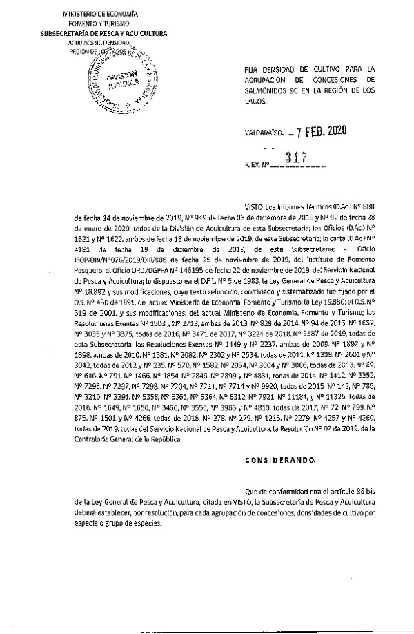 Res. Ex. N° 317-2020, Fija densidad de Cultivo para la Agrupación de concesiones de Salmónidos 9C, en la Región de Los Lagos. (Con Informe Técnico) (Publicado en Página Web 11-02-2020)(F.D.O. 25-02-2020).