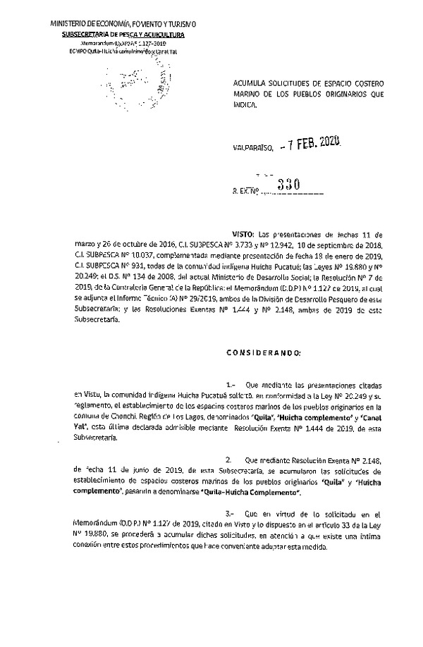 Res. Ex. N° 330-2020, Acumula solicitudes de espacio costero marino de los pueblos originarios que indica. (Publicado en Página Web 11-02-2020).