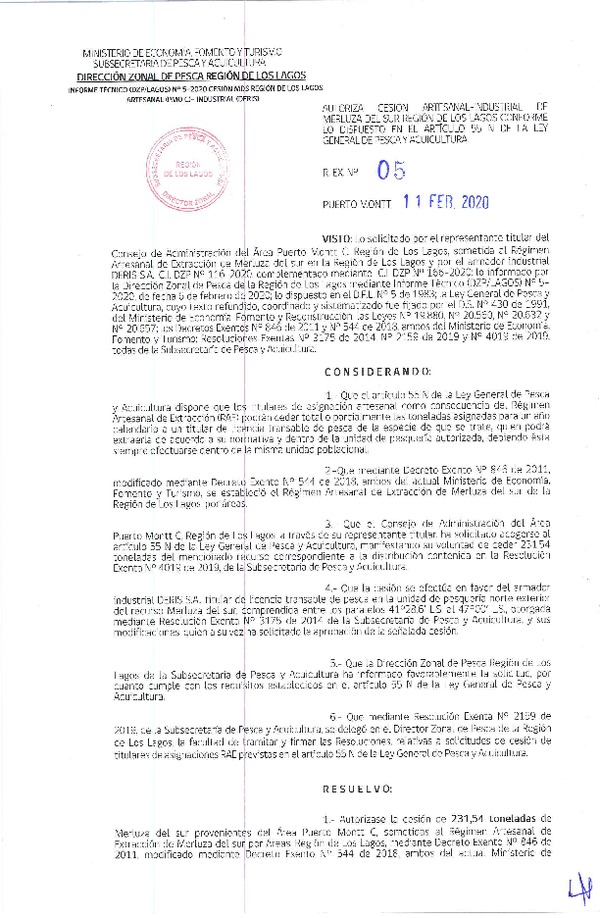 Res. Ex. N° 05-2020 (DZP Los Lagos) Autoriza Cesión Artesanal-Industrial de Merluza del sur Región de Los Lagos conforme lo dispuesto en el artículo 55 N de la Ley General de Pesca y Acuicultura. (Publicado en Página Web 11-02-2020).