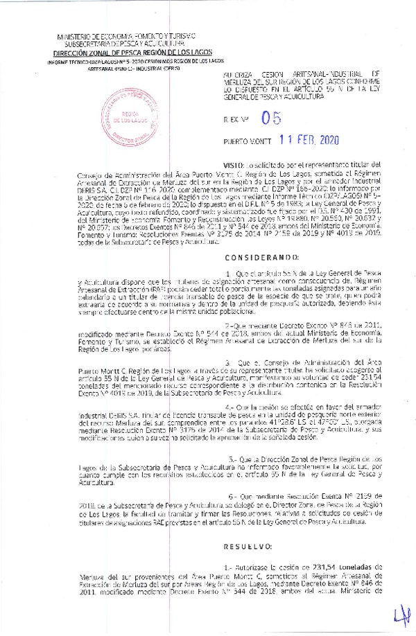 Res. Ex. N° 05-2020 (DZP Los Lagos) Autoriza Cesión Artesanal-Industrial de Merluza del sur Región de Los Lagos conforme lo dispuesto en el artículo 55 N de la Ley General de Pesca y Acuicultura. (Publicado en Página Web 11-02-2020).