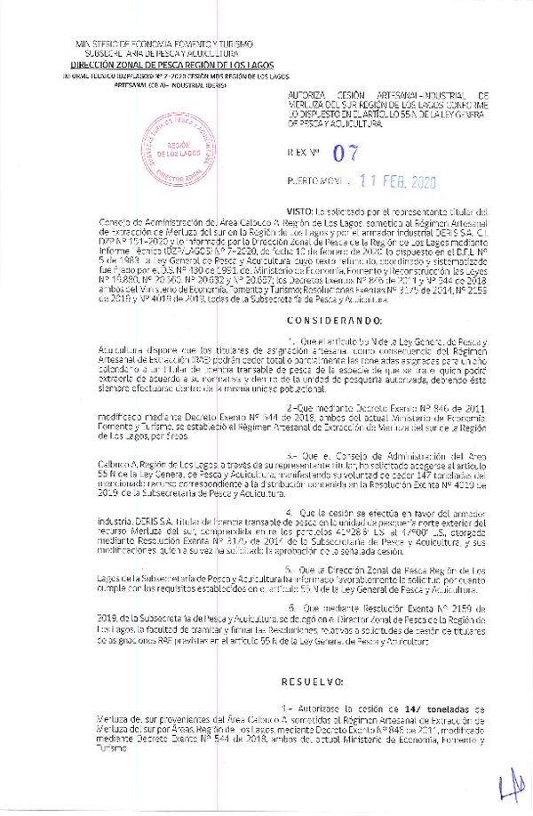 Res. Ex. N° 07-2020 (DZP Los Lagos) Autoriza Cesión Artesanal-Industrial de Merluza del sur Región de Los Lagos conforme lo dispuesto en el artículo 55 N de la Ley General de Pesca y Acuicultura. (Publicado en Página Web 11-02-2020).