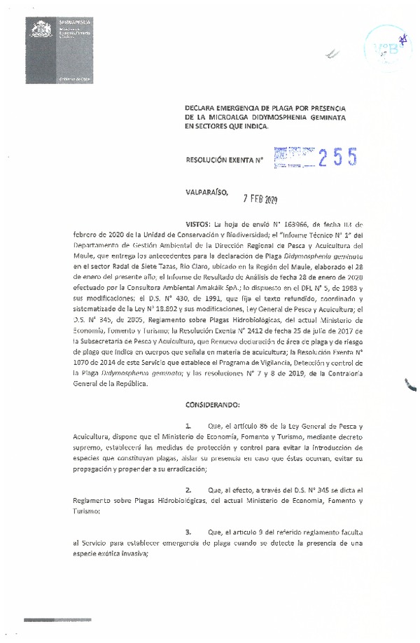 Res. Ex. N° 255-2020 (Sernapesca) Declara emergencia de plaga por presencia de la microalga Didymosphenia Geminata en sector que indica