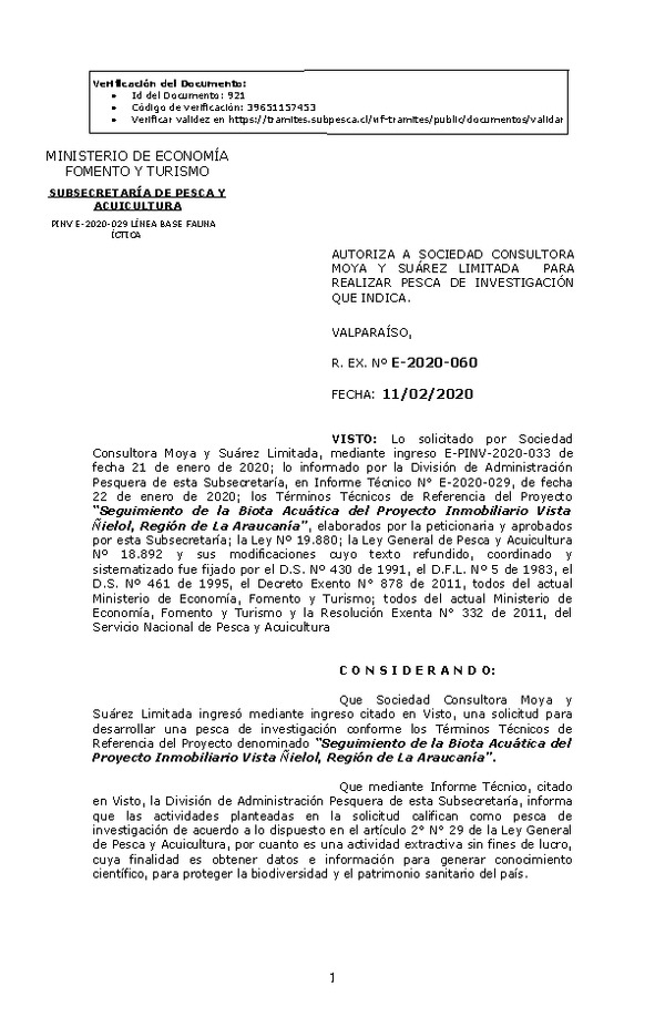 Res. Ex. N° E-2020-060, Autoriza a Sociedad Consultora Moya y Suárez Limitada para realizar pesca de Investigación que indica. (Publicado en Página Web 12-02-2020).