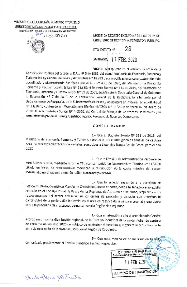 Dec. Ex. N° 28-2020 Modifica Decreto Exento N° 311 de 2019, del Ministerio de Economía, Fomento y Turismo. (Publicado en Página Web 12-02-2020)(F.D.O. 17-02-2020).