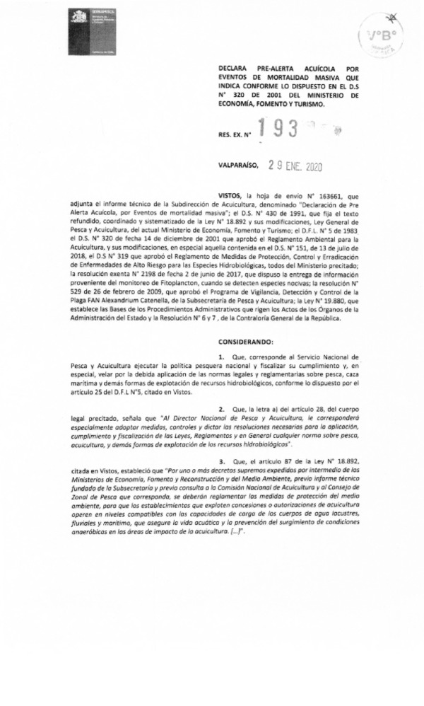 Res. Ex. N° 193-2020 (Sernapesca) Declara Pre-alerta acuícola por eventos de mortalidad masiva que indica conforme lo dispuesto en el D.S. N° 320 de 2001 del Ministerio de Economía, Fomento y Turismo