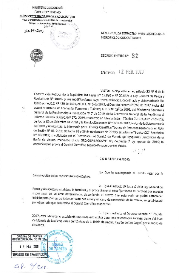 Dec. Ex. N° 32-2020, Renueva Veda Extractiva para los recursos Hidrobiológicos que indica. (Publicado en Página Web 13-02-2020) (F.D.O. 19-02-2020)