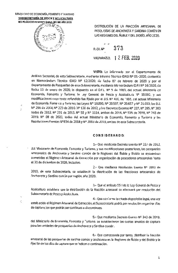 Res. Ex. N° 373-2020, Distribución de la fracción artesanal de pesquerías de Anchoveta y Sardina común en las regiones del Ñuble y del Biobío, año 2020. (Publicado en Página Web 14-02-2020)(F.D.O. 21-02-2020).