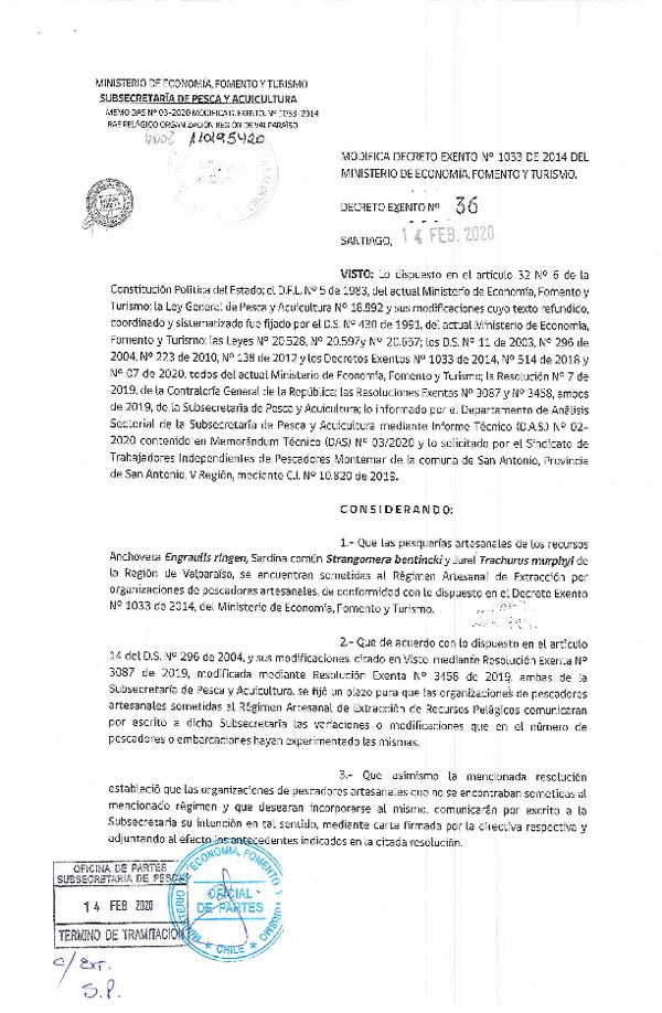 Decreto Exento N° 36-2020, Modifica decreto ex. N° 1033 de 2014, del Ministerio de economía, fomento y Turismo. Año 2020. (Publicado en Página Web 17-02-20)(F.D.O. 20-02-2020).