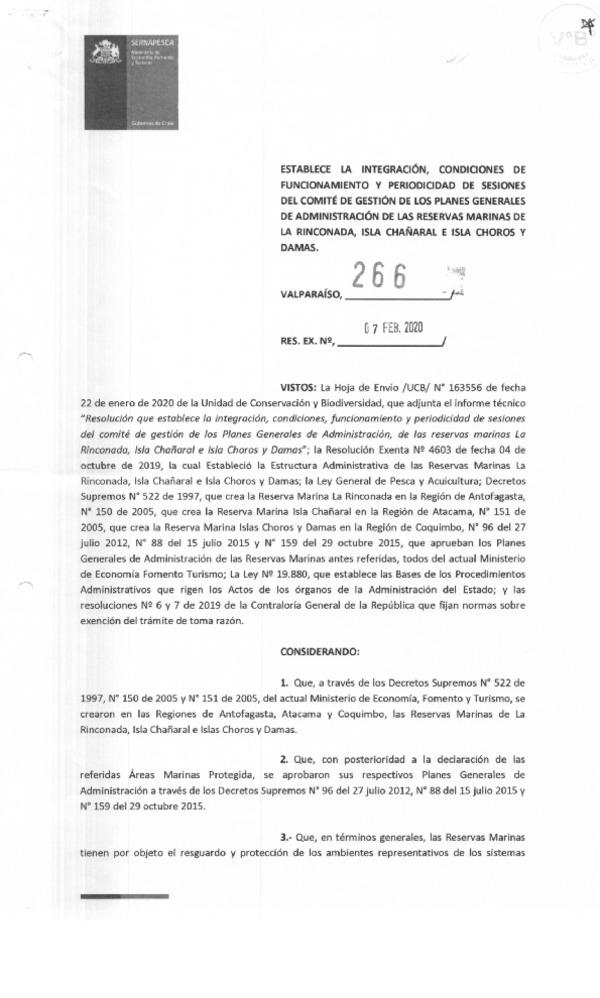 Res. Ex. N°266 de 07-02-2020, que Establece la integración, condiciones de funcionamiento y periodicidad de sesiones del Comité de Gestión de los Planes Generales de Administración de las Reservas Marinas de La Rinconada, Isla Chañaral e Islas Choros y Damas. (Publicado en Página Web 17-02-2020) (F.D.O. 26-02-2020)