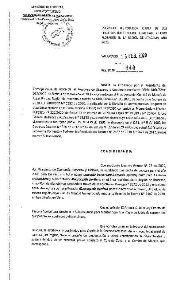 Res. Ex N° 440-2020 Establece distribución cuota de los recursos Huiro Negro, Huiro Palo y Huiro Flotador en la región de Atacama, año 2020. (Publicado en Página Web 13-02-2020) (F.D.O. 26-02-2020)