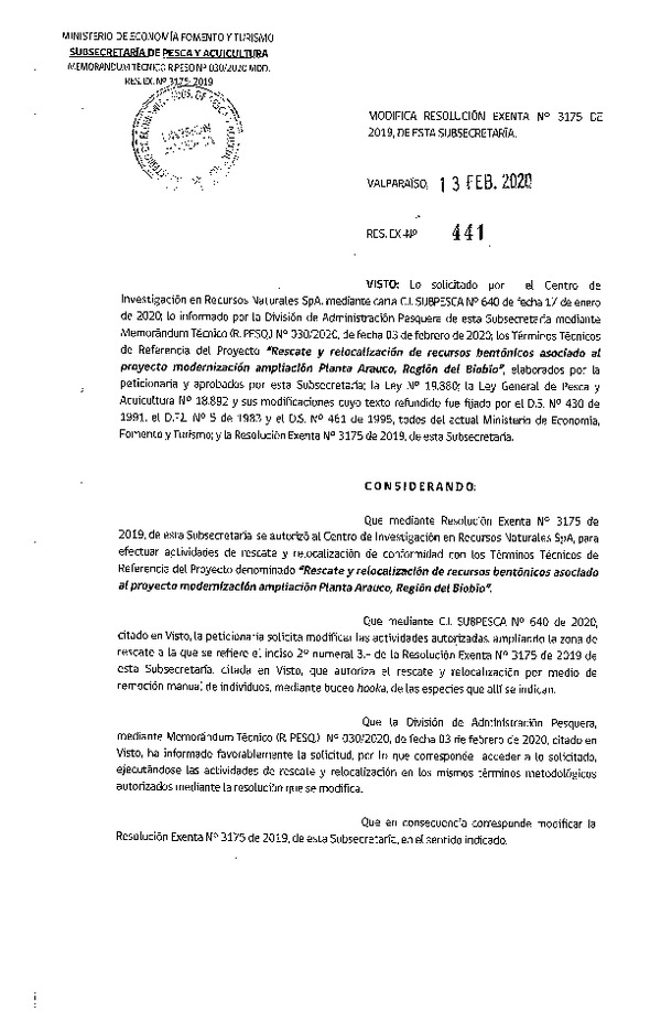 Res. Ex N° 441-2020, Modifica resolución Exenta N° 3175 de 2019, de esta subsecretaria. (Publicado en Página Web 17-02-2020).