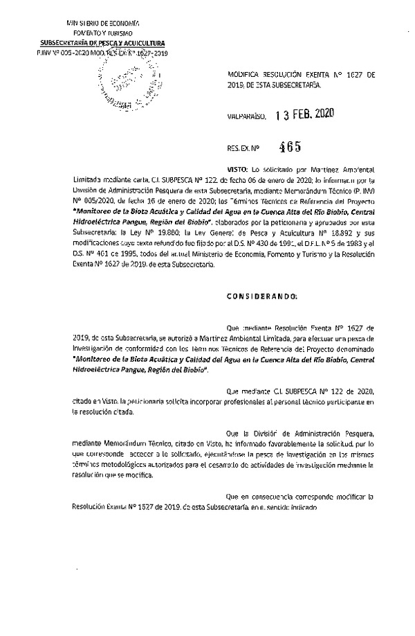 Res. Ex N° 465-2020, Modifica Resolución Exenta N° 1627 de 2019, de esta Subsecretaría. (Publicado en Página Web 17-02-2020).