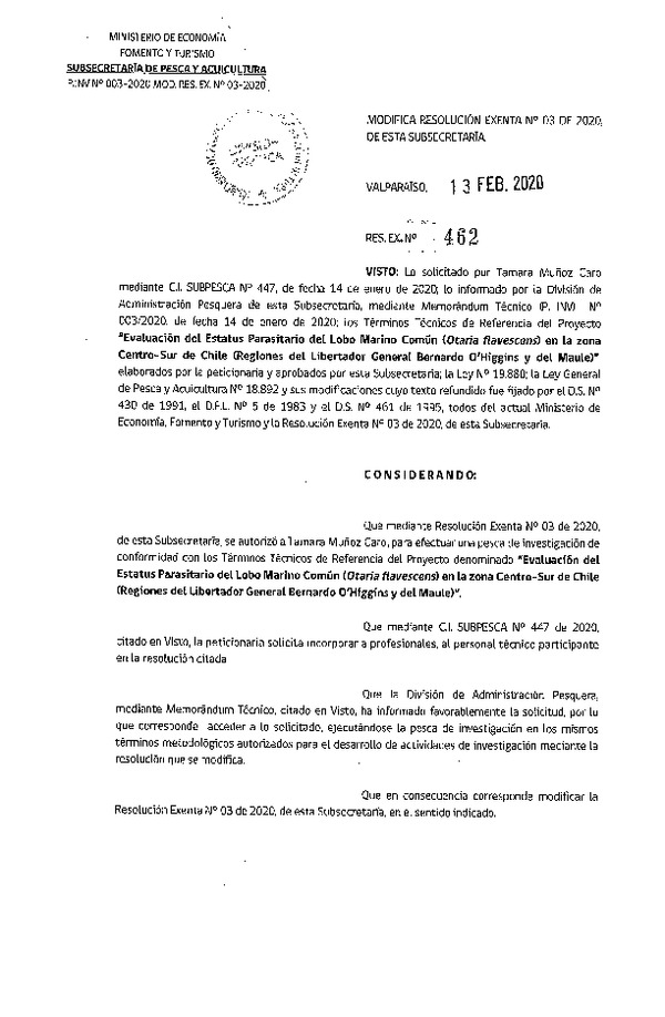 Res. Ex N° 462-2020, Modifica Resolución Exenta N° 03 de 2020, de esta subsecretaría (Publicado en Página Web 18-02-2020).