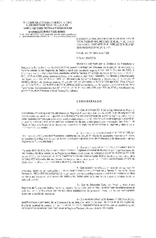 Res Ex N° 001-2020, Autoriza cesión de Sardina común y Anchoveta entre organizaciones RAE, Regiones de Ñuble y del BioBio. Conforme a lo dispuesto en el artículo 55 N de la ley general de Pesca  (Publicado en Página Web 18-02-2020).