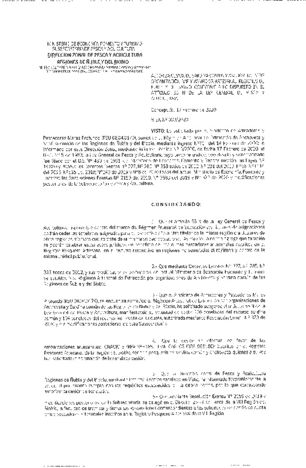 Res Ex N° 003-2020, Autoriza cesión de Sardina común y Anchoveta entre organizaciones RAE, Regiones de Ñuble y del BioBio. Conforme a lo dispuesto en el artículo 55 N de la ley general de Pesca  (Publicado en Página Web 18-02-2020).