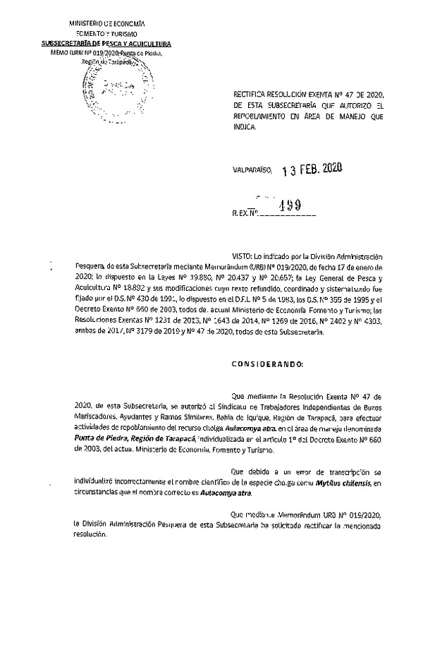 Res. Ex N° 499-2020, Rectifica Resolución Exenta N° 47 de 2020, de esta subsecretaría que autorizó el repoblamiento en área de manejo que indica (Publicado en Página Web 18-02-2020).