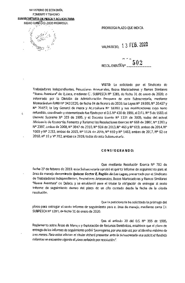 Res. Ex N° 502-2020, Prorroga plazo que indica (Publicado en Página Web 18-02-2020).