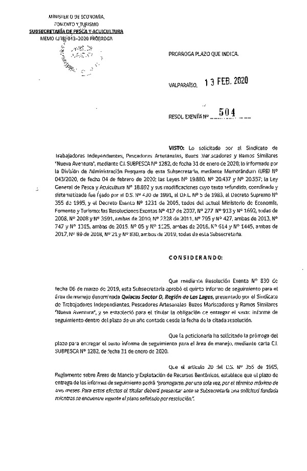 Res. Ex N° 504-2020, Prorroga plazo que indica (Publicado en Página Web 18-02-2020).