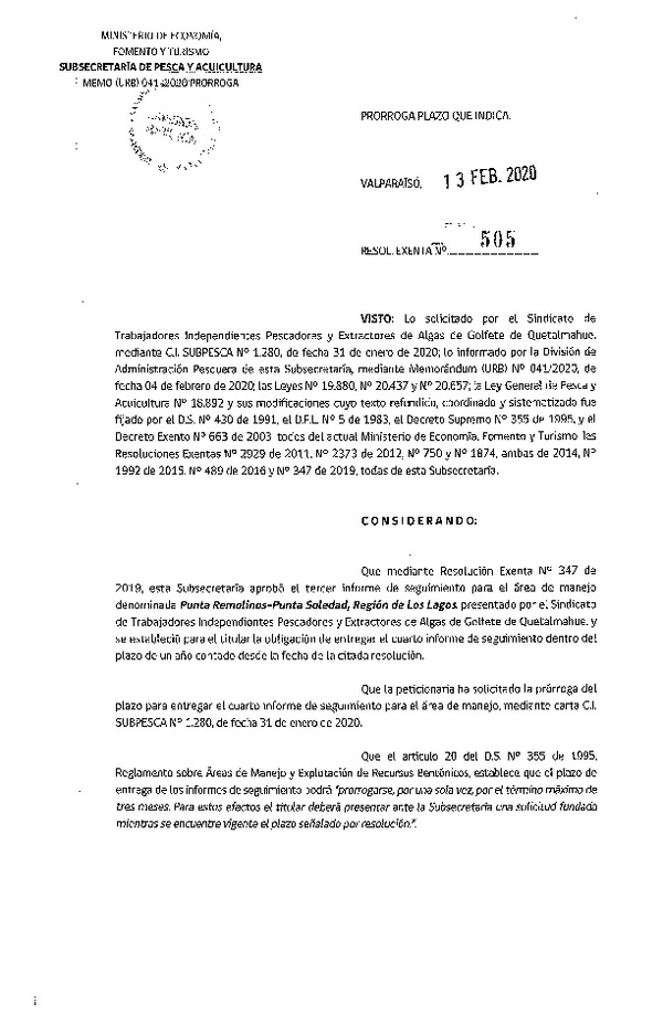  Res. Ex N° 505-2020, Prorroga plazo que indica (Publicado en Página Web 18-02-2020).