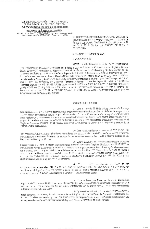 Res. Ex N° 006-2020, DZP VIII Reg., Autoriza cesión de Sardina Común y Anchoveta entre organizaciones RAE, Regiones de Ñuble y del Biobío, conforme a lo dispuesto en el artículo 55 N de la ley general de Pesca y Acuicultura (Publicado en Página Web 18-02-2020)..