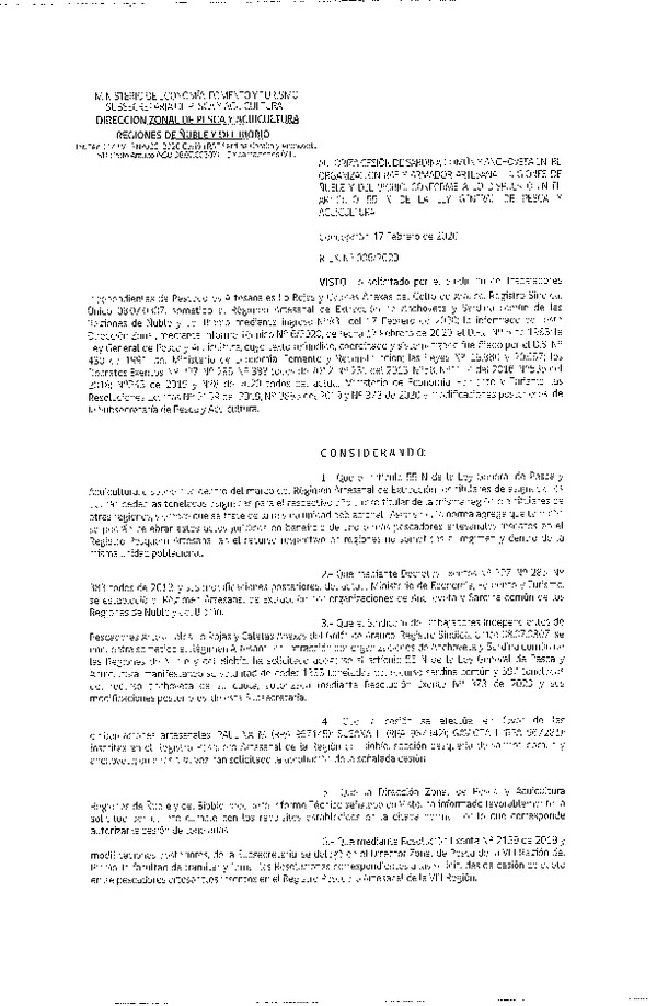 Res. Ex N° 006-2020, DZP VIII Reg., Autoriza cesión de Sardina Común y Anchoveta entre organizaciones RAE, Regiones de Ñuble y del Biobío, conforme a lo dispuesto en el artículo 55 N de la ley general de Pesca y Acuicultura (Publicado en Página Web 18-02-2020)..