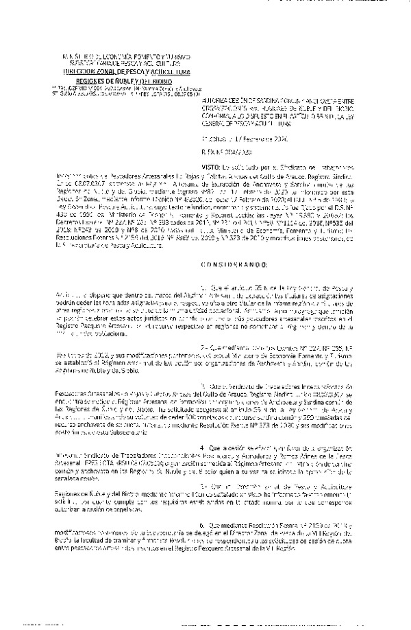 Res. Ex N° 004-2020, DZP VIII Reg., Autoriza cesión de Sardina Común y Anchoveta entre organizaciones RAE, Regiones de Ñuble y del Biobío, conforme a lo dispuesto en el artículo 55 N de la ley general de Pesca y Acuicultura  (Publicado en Página Web 18-02-2020).