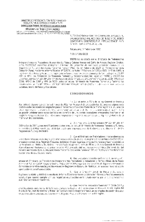 Res. Ex N° 005-2020, DZP VIII Reg., Autoriza cesión de Sardina Común y Anchoveta entre organizaciones RAE, Regiones de Ñuble y del Biobío, conforme a lo dispuesto en el artículo 55 N de la ley general de Pesca y Acuicultura (Publicado en Página Web 18-02-2020).