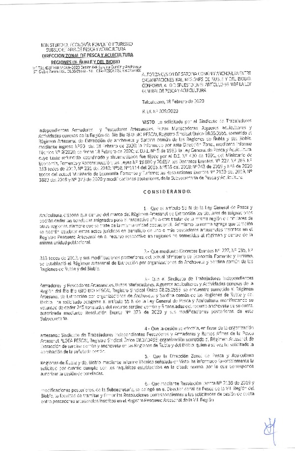 Res. Ex N° 009-2020, DZP VIII Reg., Autoriza cesión de Sardina Común y Anchoveta entre organizaciones RAE, Regiones de Ñuble y del Biobío, conforme a lo dispuesto en el artículo 55 N de la ley general de Pesca y Acuicultura (Publicado en Página Web 18-02-2020).