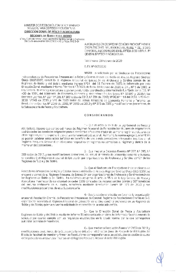 Res. Ex N° 007-2020, DZP VIII Reg., Autoriza cesión de Sardina Común y Anchoveta entre organizaciones RAE, Regiones de Ñuble y del Biobío, conforme a lo dispuesto en el artículo 55 N de la ley general de Pesca y Acuicultura (Publicado en Página Web 19-02-2020).