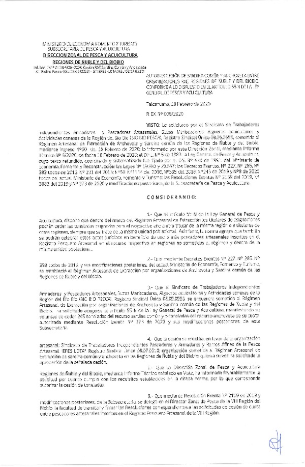 Res. Ex N° 008-2020, DZP VIII Reg., Autoriza cesión de Sardina Común y Anchoveta entre organizaciones RAE, Regiones de Ñuble y del Biobío, conforme a lo dispuesto en el artículo 55 N de la ley general de Pesca y Acuicultura (Publicado en Página Web 19-02-2020).