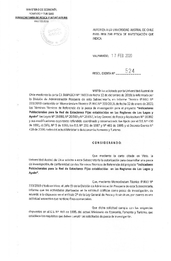 Res. Ex N° 524-2020, Autoriza a la Universidad Austral de Chile para realizar Pesca de Investigación que indica (Publicado en Página Web 19-02-2020).