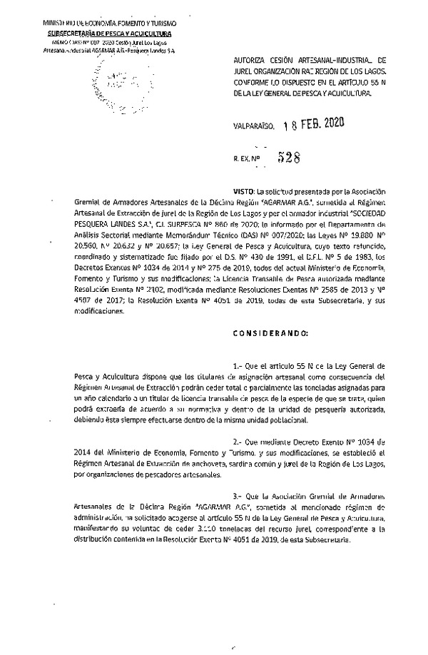 Res. Ex N° 528-2020, Autoriza Cesión Artesanal-Industrial de Jurel organización RAE región de Los Lagos, conforme lo dispuesto en el artículo 55 N de la ley General de Pesca y Acuicultura. (Publicado en Página Web 19-02-2020)