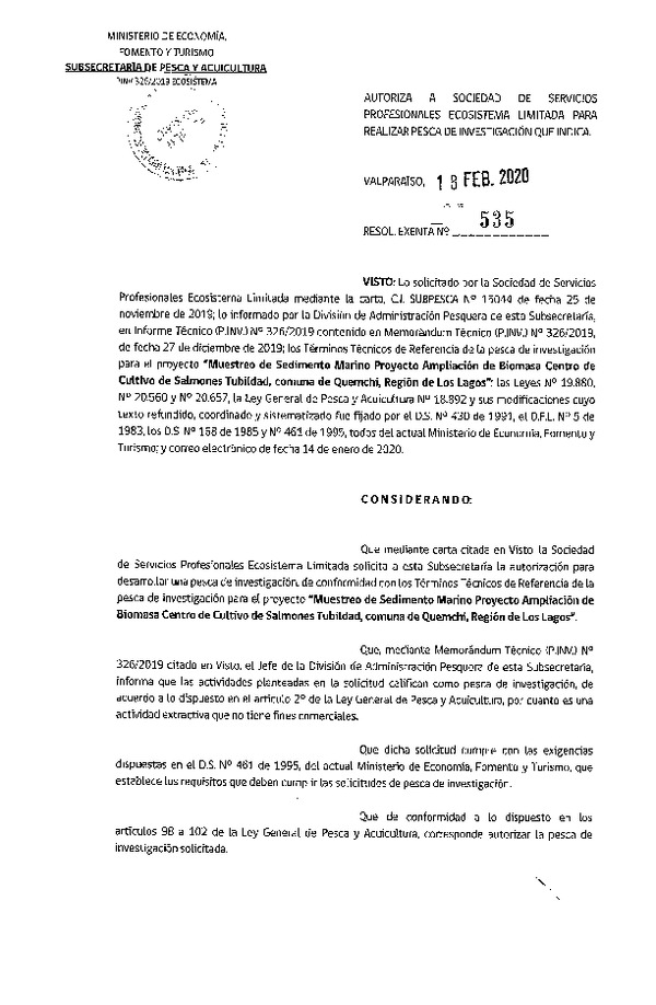 Res Ex N° 535-2020, Autoriza a sociedad de Servicios Profesionales Ecosistema Limitada para realizar Pesca de Investigación que indica (Publicado en Página Web 19-02-2020)