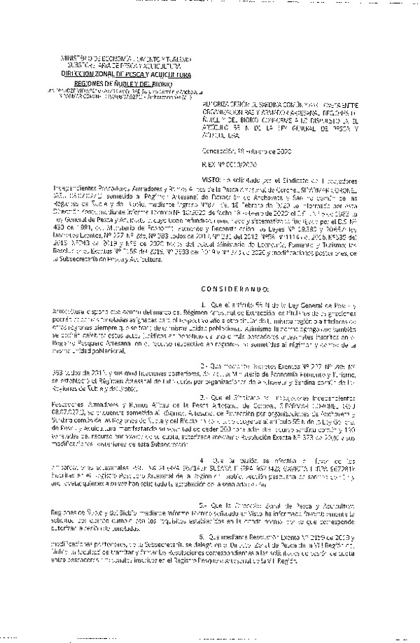 Res. Ex N° 010-2020, DZP VIII Reg., Autoriza cesión de Sardina Común y Anchoveta entre organizaciones RAE, y Armador Artesanal, Regiones de Ñuble y del Biobío, conforme a lo dispuesto en el artículo 55 N de la ley general de Pesca y Acuicultura (Publicado en Página Web 19-02-2020).