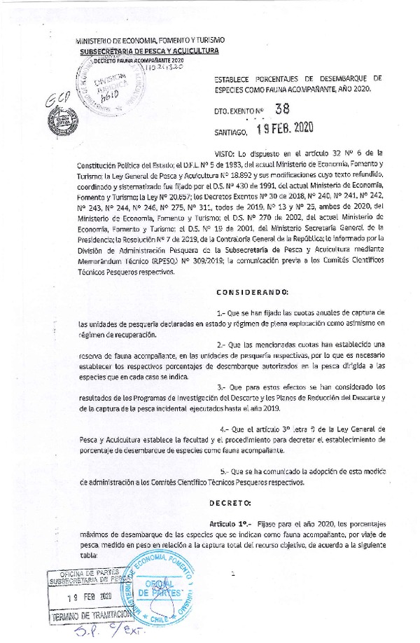 Decreto Ex N° 38-2020, Establece porcentaje de desembarque de especies como fauna acompañante, año 2020 (Publicado en Página Web 20-02-2020)(F.D.O. 25-02-2020).