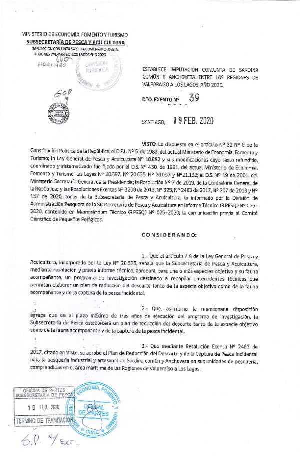 Decreto Ex N° 39-2020, Establece imputación conjunta de Sardina común y anchoveta entre las Regiones de Valparaíso a Los Lagos, año 2020 (Publicado en Página Web 20-02-2020)(F.D.O. 25-02-2020).