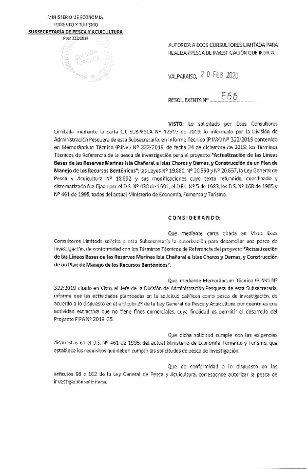 Res. Ex N° 566-2020, Autoriza a Ecos Consultores Limitada, para realizar pesca de Investigación que indica (Publicado en Página Web 21-02-2020).