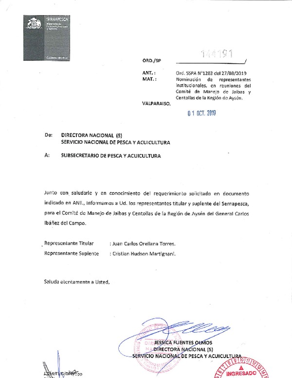 Nominación de representantes institucionales, en reuniones del comité de manejo de jaibas y centollas de la región de Aysén