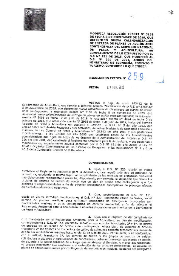 Res. EX N° 259-2020 determina nueva calendarización de entrega de planes de acción ante contingencia del Servicio Nacional de Pesca y Acuicultura, en cumplimiento de lo dispuesto por el D.S. N°151 de 2018, que modificó al D.S.N°320 de 2001, conforme lo que indica