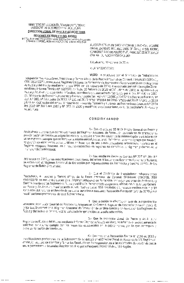 Res Ex N° 0012-2020, (DZP VIII), Autoriza cesión de Sardina Común y Anchoveta entre organización RAE y armador artesanal, Regiones de Núble y del BioBio, conforme a lo dispuesto en el artículo 55 N de la ley general de Pesca y Acuicultura (Publicado en Página Web 21-02-2020).