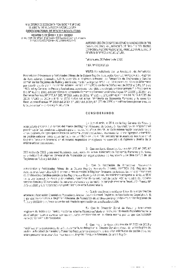 Res Ex N° 0013-2020, (DZP VIII), Autoriza cesión de Sardina Común y Anchoveta entre organización RAE y armador artesanal, Regiones de Ñuble y del BioBio, conforme a lo dispuesto en el artículo 55 N de la ley general de Pesca y Acuicultura (Publicado en Página Web 21-02-2020).